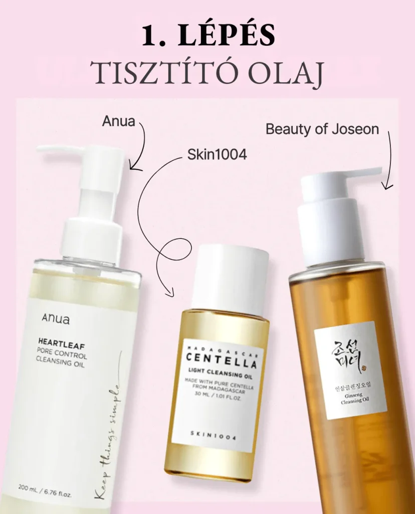 1. lépés a koreai arcápolásban: Olajos lemosó. Világosrózsaszín háttér előtt három népszerű termék: Anua Heartleaf Pore Control, Skin1004 Centella Light Cleansing Oil és Beauty of Joseon Ginseng Cleansing Oil.