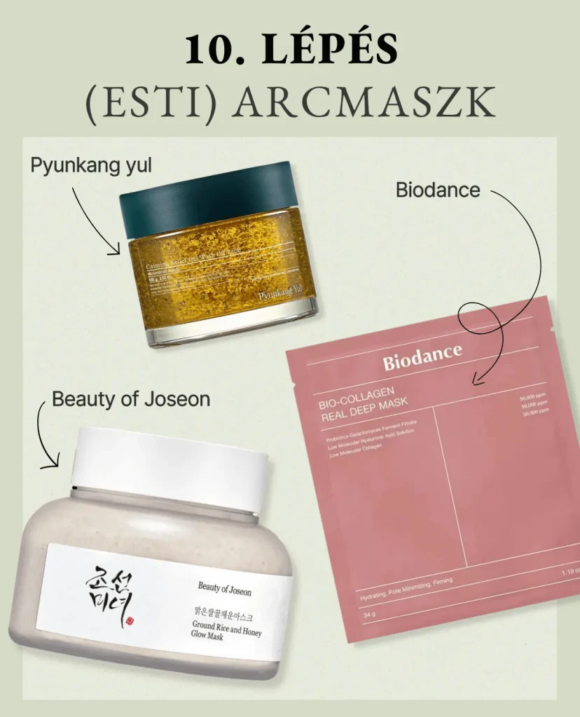 10. lépés a koreai arcápolásban: (Esti) Arcmaszk. Mentazöld háttéren arcmaszkok: Pyunkang Yul Calming Relief, Beauty of Joseon Ground Rice and Honey és Biodance kollagén maszk.