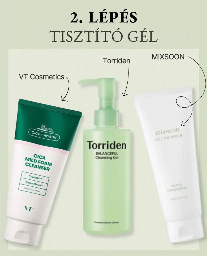 2. lépés a koreai arcápolásban: Arctisztító gél. Világoszöld háttéren vízbázisú lemosók a VT Cosmetics (Cica Mild Foam), a Torriden (Balanceful Gel) és a Mixsoon (Centella Foam) márkáktól.