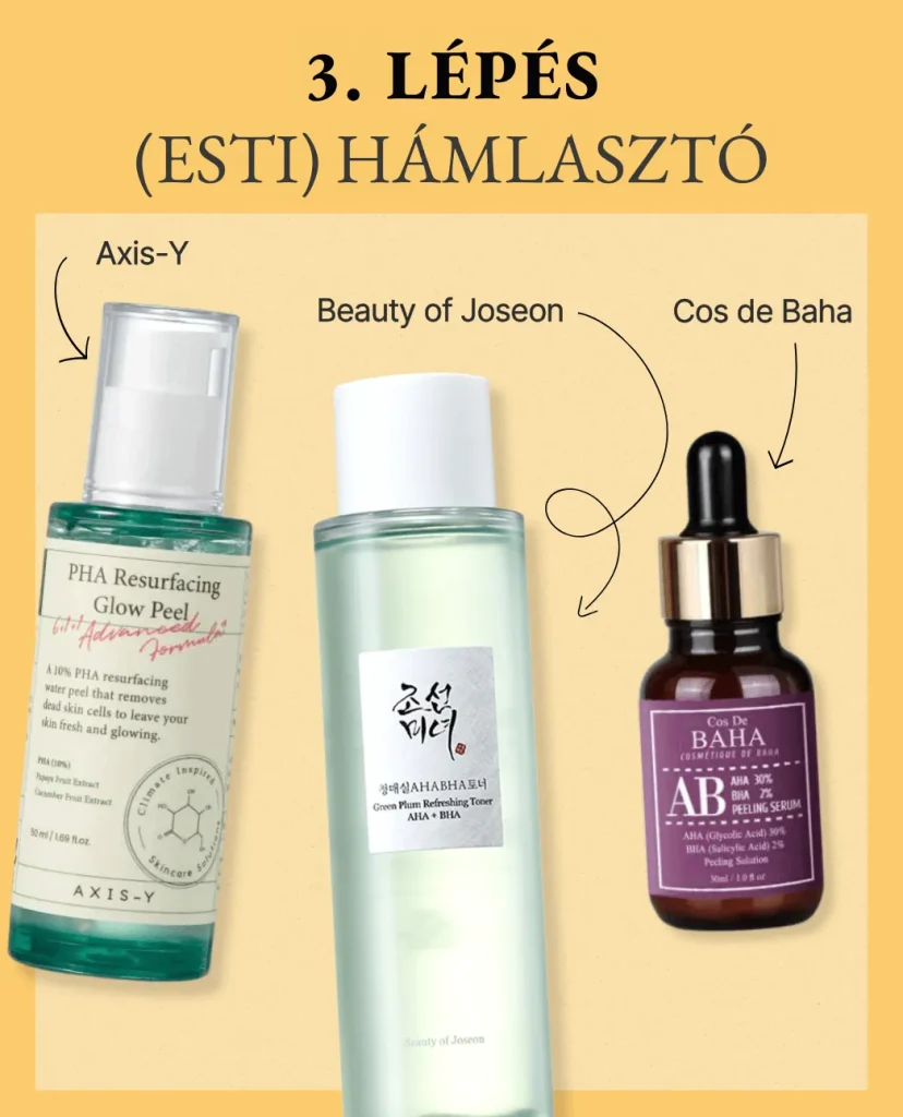 3. lépés a koreai arcápolásban: (Esti) Hámlasztás. Sárga háttér előtt hámlasztó készítmények: Axis-Y PHA Resurfacing Glow Peel, Beauty of Joseon Green Plum Toner és Cos De Baha AHA BHA szérum.