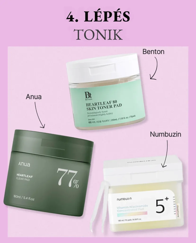 4. lépés a koreai arcápolásban: Toner. Lila háttéren tonizáló korongok az Anua, a Benton (Heartleaf 80) és a Numbuzin (No. 5 Vitamin-Niacinamide) márkáktól.