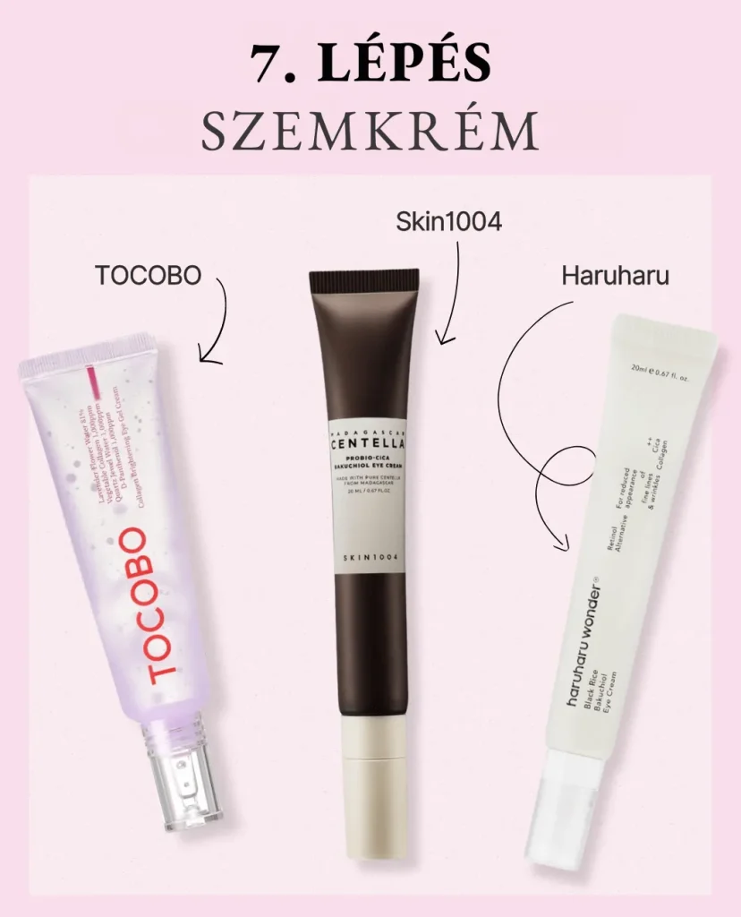7. lépés a koreai arcápolásban: Szemkörnyékápoló krém. Rózsaszín háttéren három szemkörnyékápoló: Tocobo Collagen Brightening, Skin1004 Centella Bakuchiol és Haruharu Wonder Black Rice.