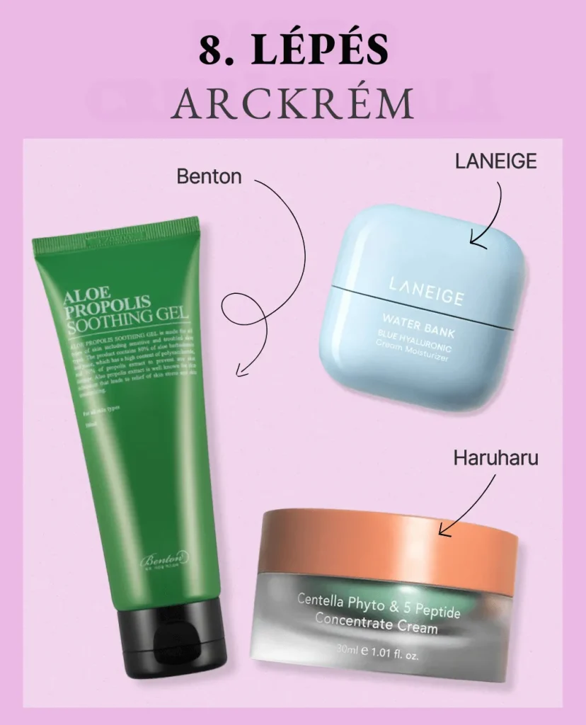 8. lépés a koreai arcápolásban: Hidratáló krém. Lila háttéren hidratáló termékek: Benton Aloe Propolis Gel, Laneige Water Bank és Haruharu Wonder Centella Phyto krém.