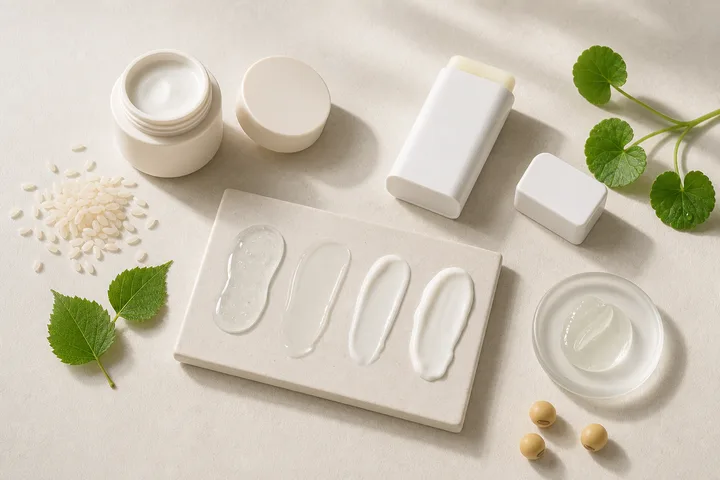 Anonymous sunscreen formats and texture swatches with rice, birch, centella and beans
